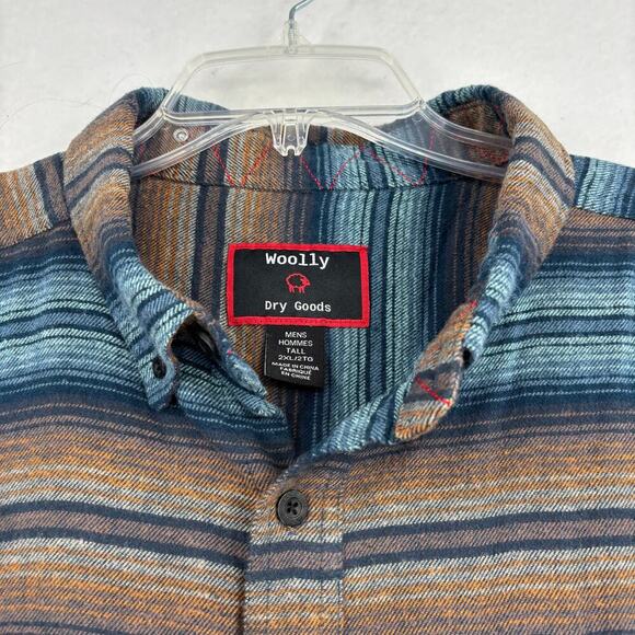 Woolly Flannel Shirt Mens 2XL Blue Orange Stripe Button Down Washable Wool Blend - Picture 3 of 12